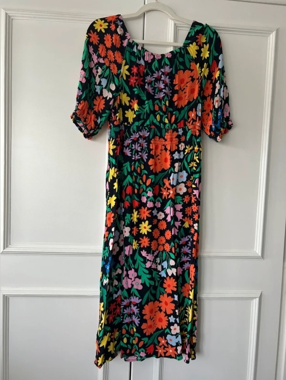 Black Floral Midi Dress with Multicolor Blooms